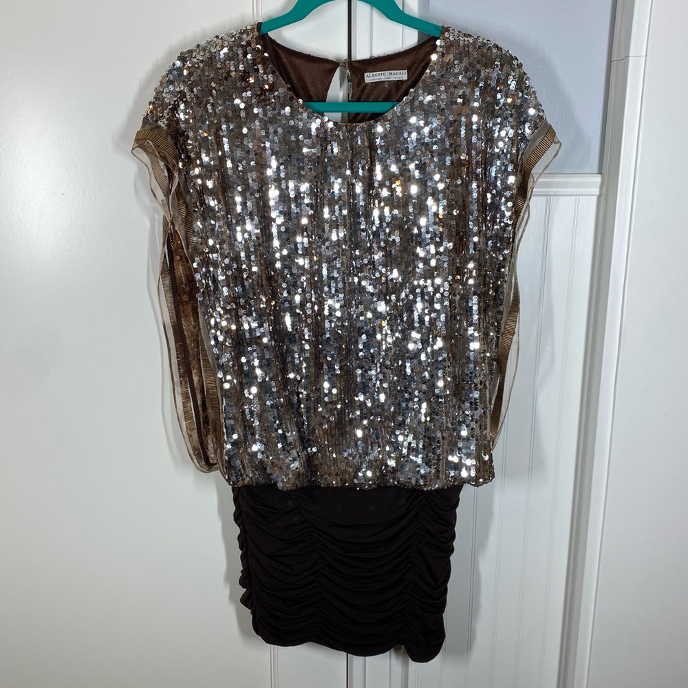 Vintage Y2K Alberto Mikali Brown Sequin Ruched Stretchy Blouse Shirt Tunic Top